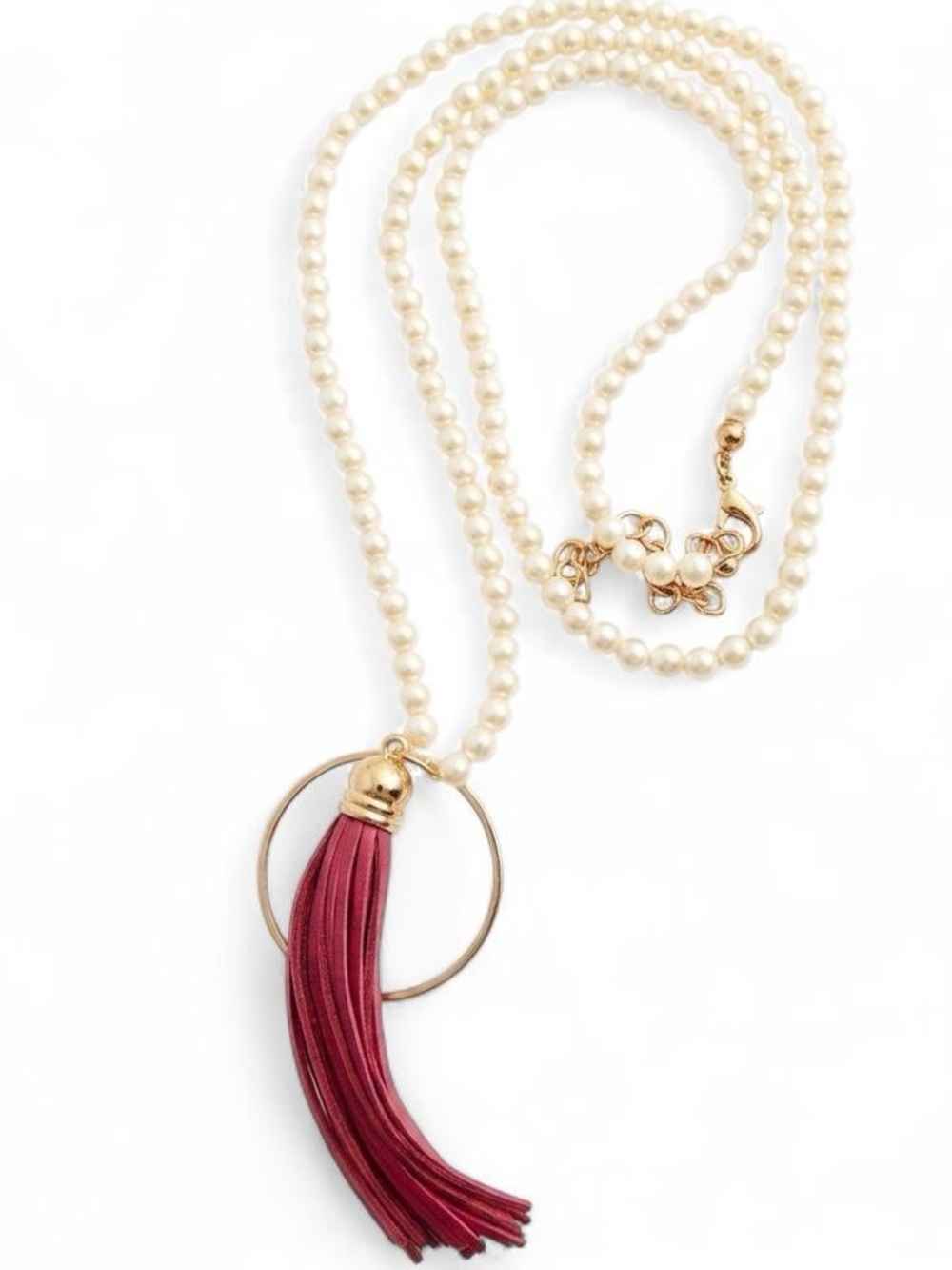 NWOT WA Studios Faux Pearl Red Leather Tassel Necklace